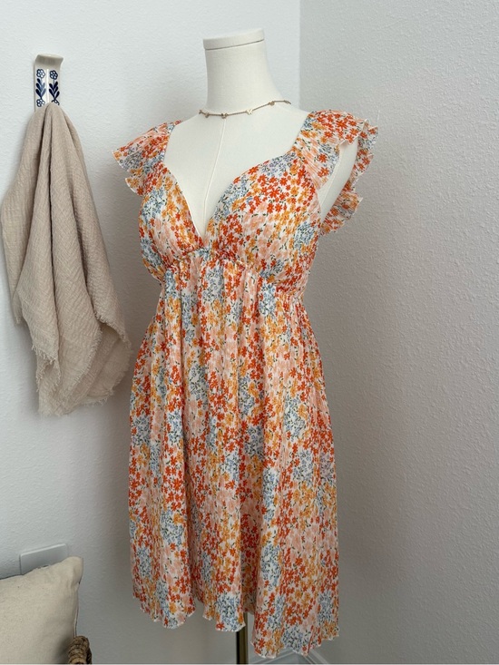 Hesperus Dresses & Skirts - Hesperus Floral Pleated Midi Dress Orange Blue Cottagecore Ruffle Large
